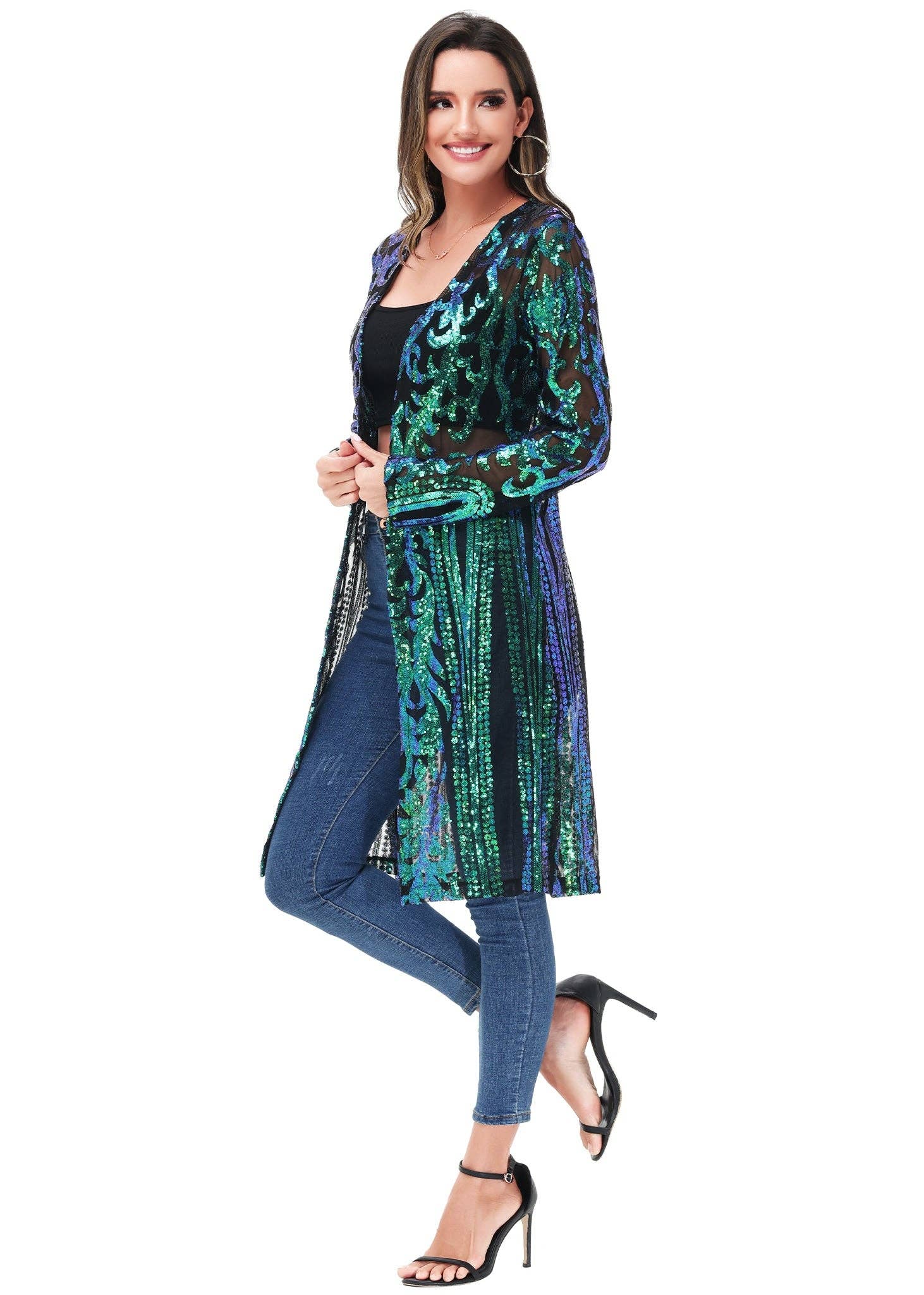 Anna Kaci Wholesale - Vente Kimono – femme - Cardigan à paillettes pour femmes à manches longues et ouvert sur le devant26