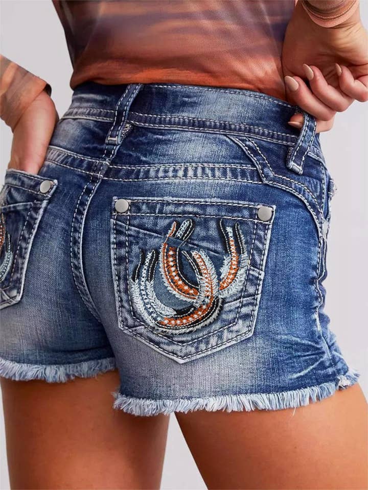 DarkBlue Horseshoe embroidered denim shorts for wholesale on Faire3