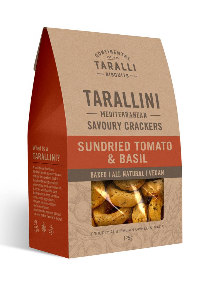 TARALLINI - Sundried Tomato & Basil - Vegan (125g) for wholesale by Continental Taralli Biscuits