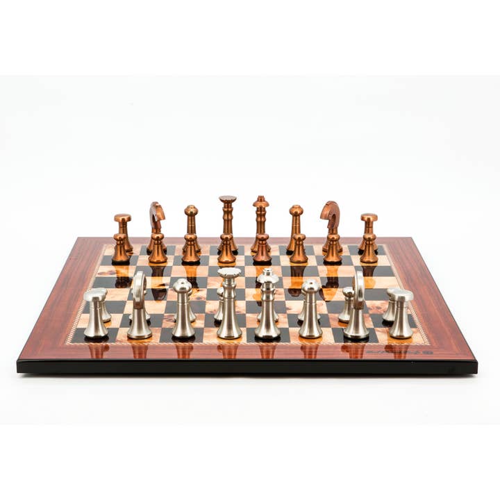 Chess Set Walnut Board with Metal Copper & Silver Chessmen for wholesale by Dal Rossi Italy
