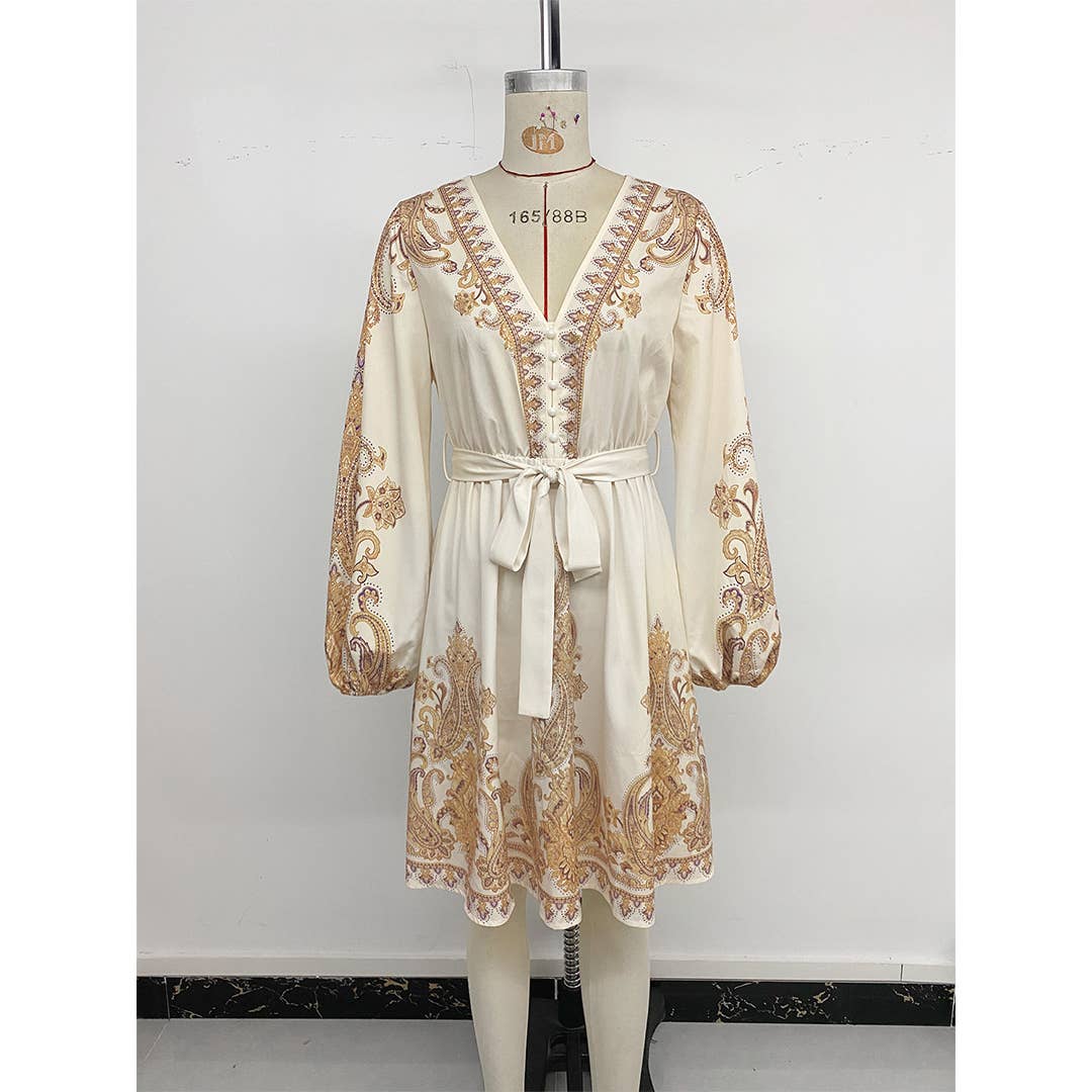 Apricot Elegant Ethnic Vintage V-Neck Paisley Print Dress BFZY1651 for wholesale on Faire4