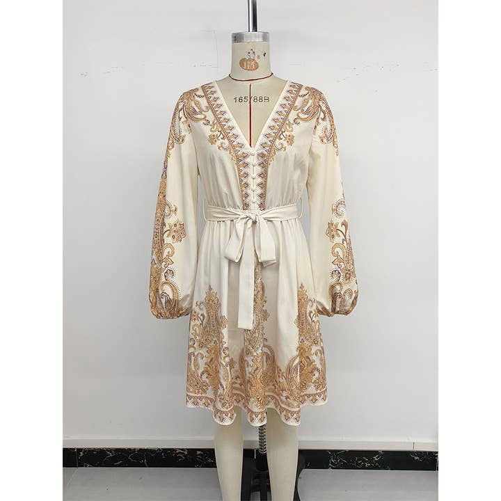 Aprikosen Elegantes ethnisches Vintage-Kleid mit V-Ausschnitt und Paisley-Muster BFZY1651 für den Großhandel auf Faire4