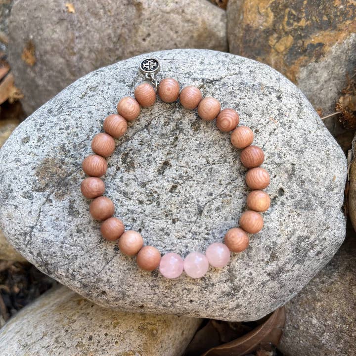 Yauvana Mala "I AM LOVE' Youth Rosewood + Rose Quartz Triple Happiness Bracelet for wholesale by Mala and Mantra