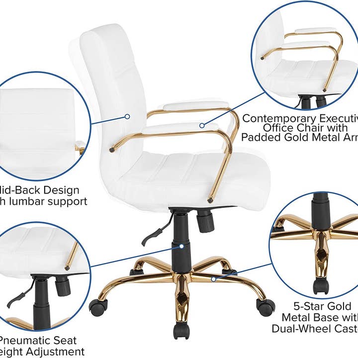 Stylish Adjustable White Leather Office Chair with Gold Base for wholesale on Faire