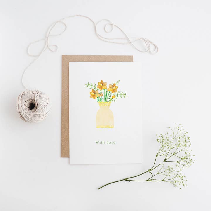 Narcissen en bloemen met liefdeskaart voor wholesale door Angela Savage Illustration
