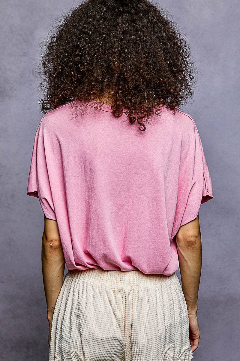 Pol Clothing - Wholesale T-Shirt - Women's - Oversized v-neck front pocket short sleeve solid top SALE18