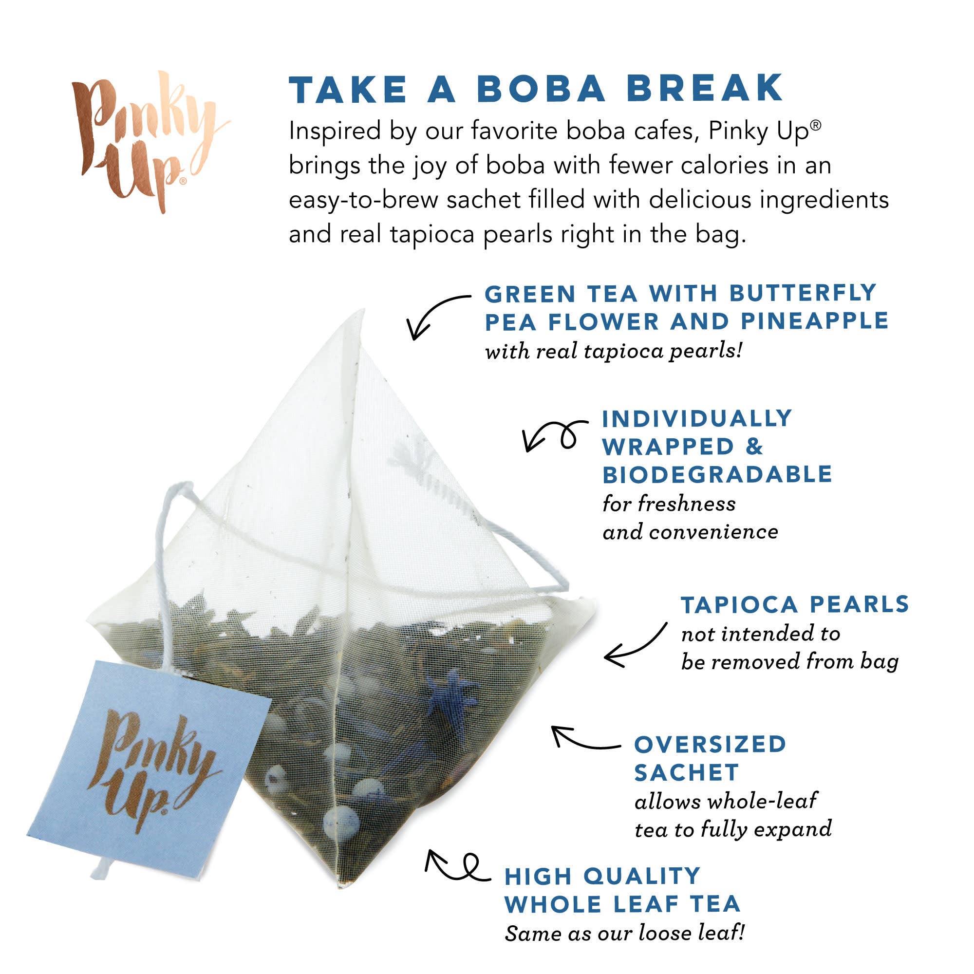 Pinky Up - Wholesale Tea Bags - Boba Tea Butterfly Box of 12 Wrapped Pyramid Sachets4
