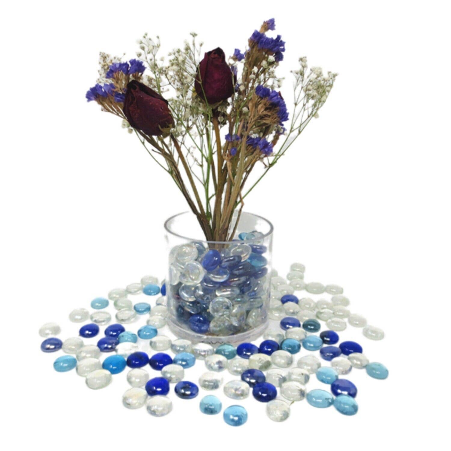 Tsyware - Wholesale Decorative Tabletop Object - 1 Lb (100 Ct)1 Bag Flat Glass Marbles Blue Clear Mixed Color2