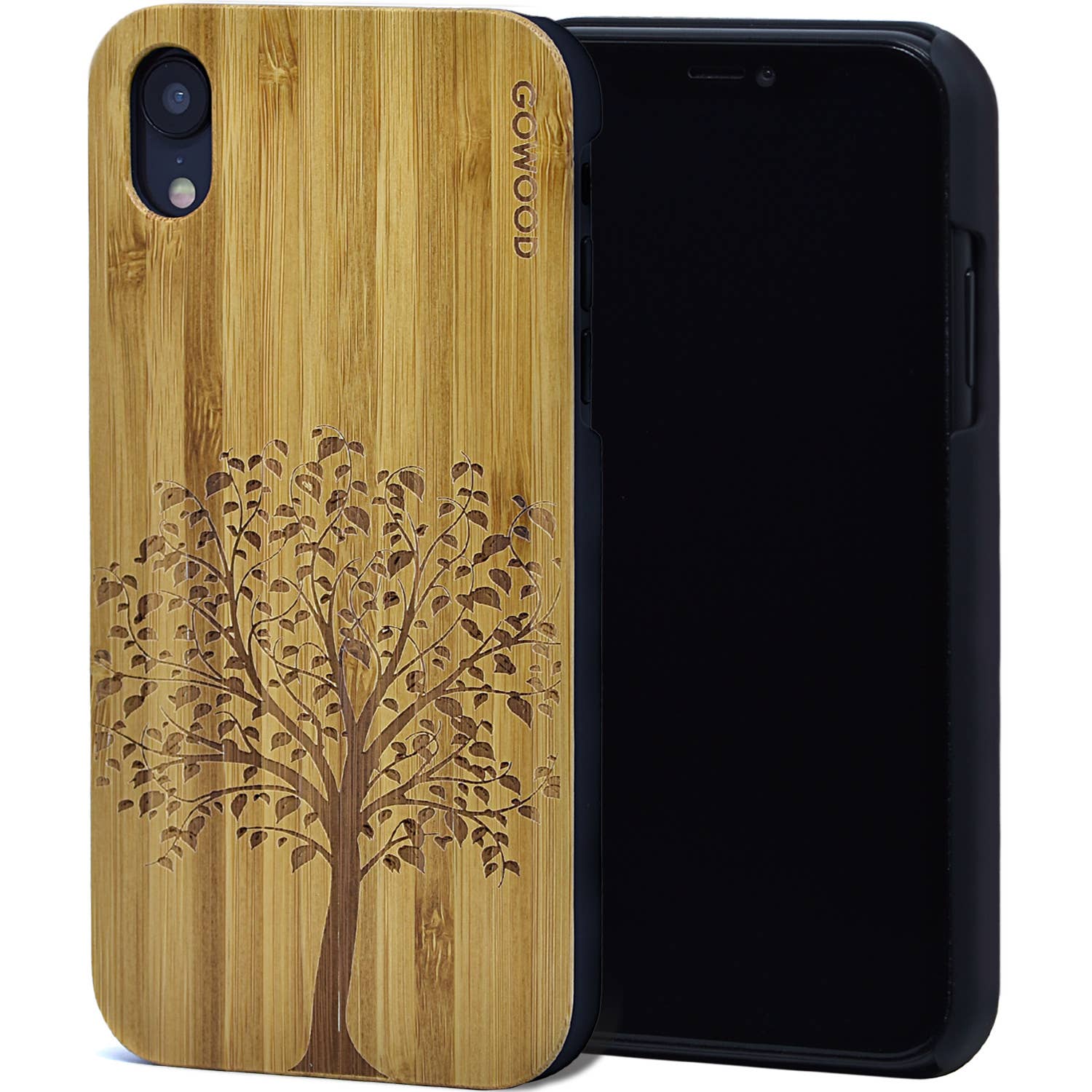 GOWOOD - Wholesale Phone Case - Women's - iPhone XR Case with Tree Engraved Bamboo Backside0