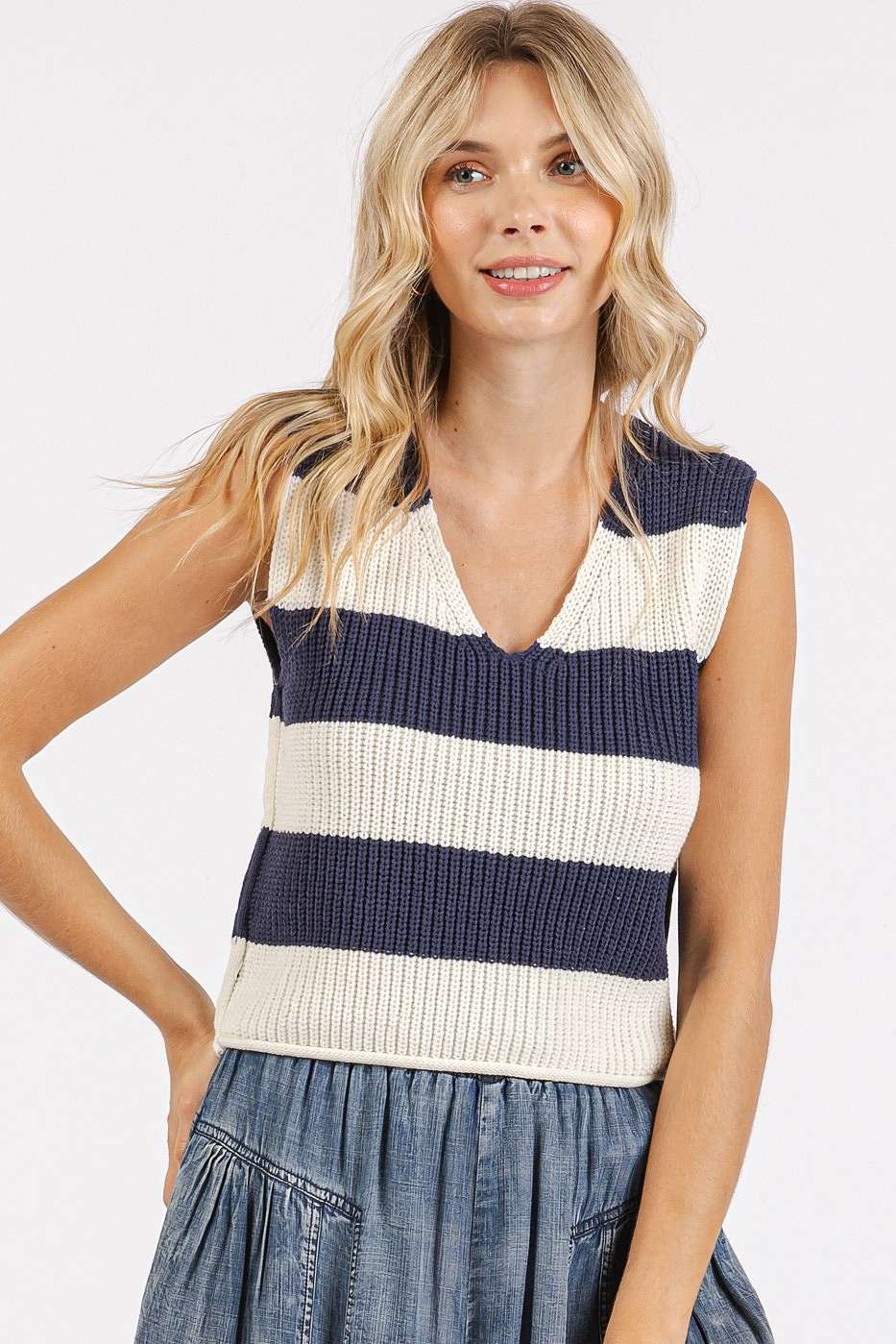 mittoshop - Wholesale Sweater Vest - Women's - STRIPED V-NECK CROPPED SWEATER VEST TOP32