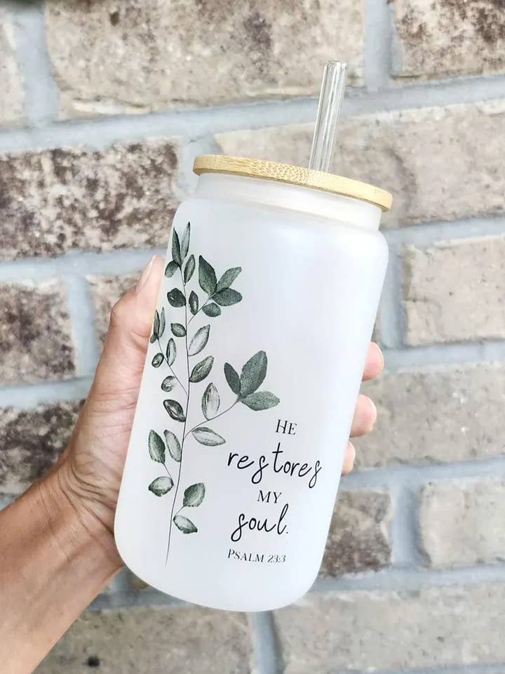 Christian Glass Tumbler with Straw and Lid Botanical Cup for wholesale by All the Things MN