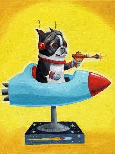 Boston Terrier, Space Rangers, Kunstdruk met honden voor wholesale door Brian Rubenacker studios