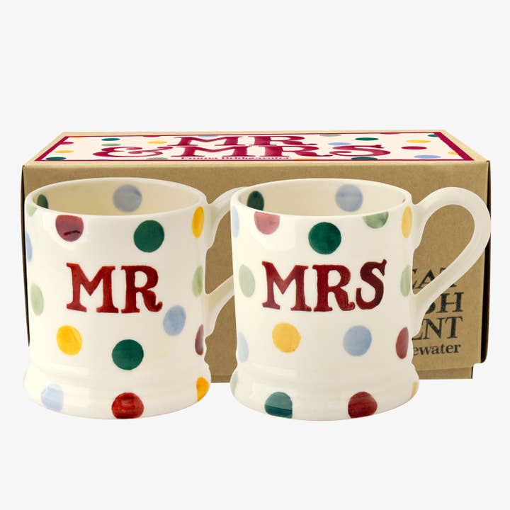 Polka Dot Mr & Mrs Set of 2 1/2 Pint Mugs Boxed for wholesale by Emma Bridgewater