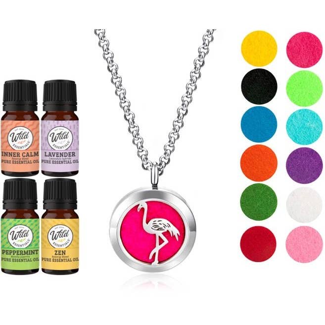 Flamingo Diffuser Necklace Set with 4 essential oils for wholesale by Wild Essentials