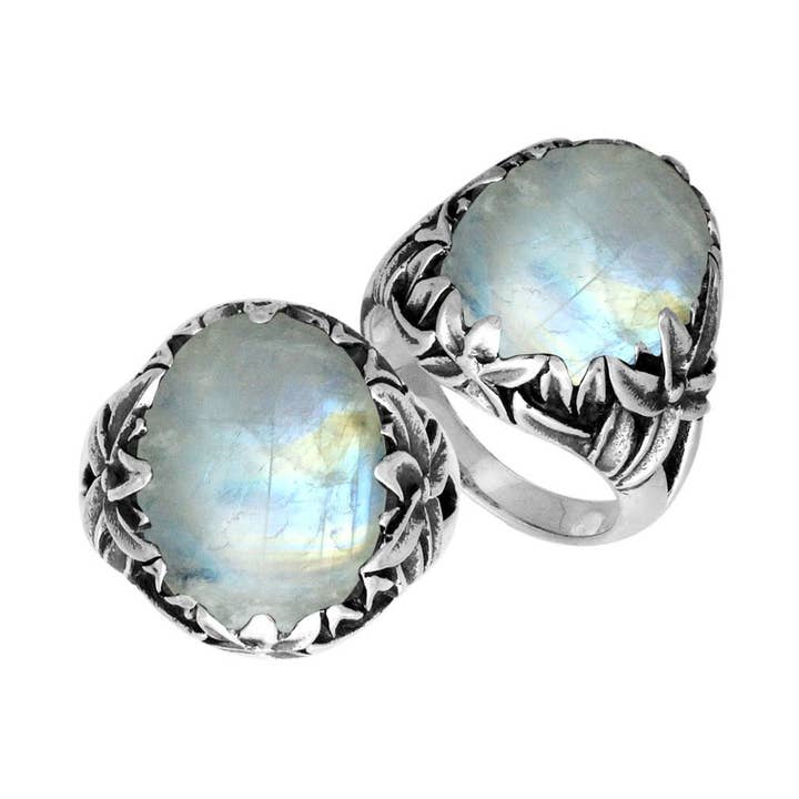AR-8030-RM Sterling Silver Designer Leaf Pattern Rainbow Moonstone Ring With Traditional Balinese Detailing for wholesale by Bali Designs