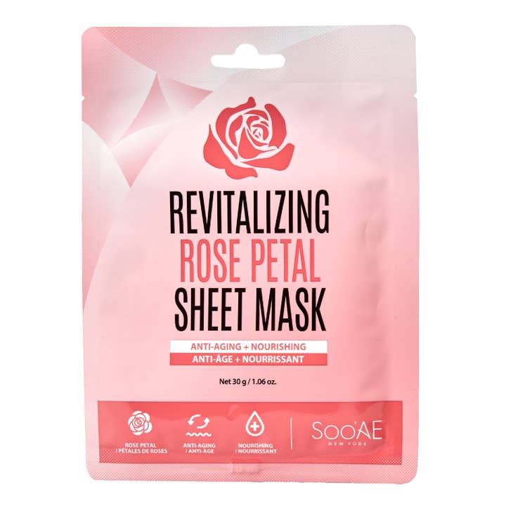 Masque en feuille revitalisant aux pétales de rose Soo'AE, paquet de 12 pour la vente par Super Stock Wholesale