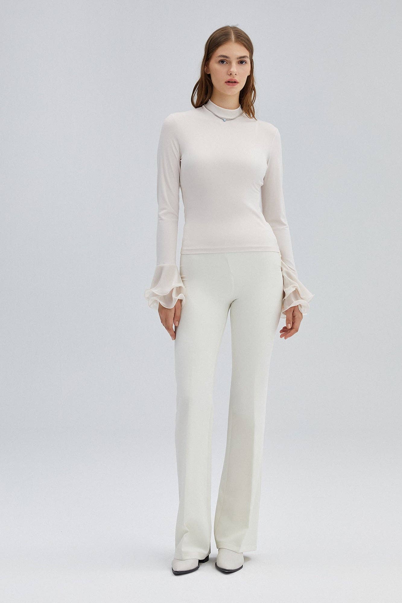 Ecru Knit Blouse with Sheer Chiffon Flounce Sleeves
 for wholesale on Faire1