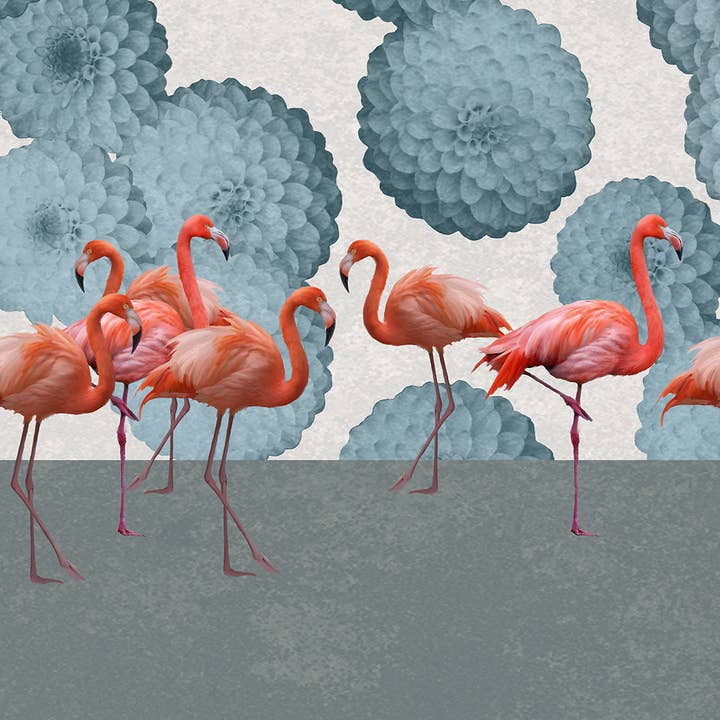 Daria Petrilli - Wholesale Wallpaper - LIGHT BLUE DAHLIA AND FLAMINGOS ON WHITE - WALLPAPER1