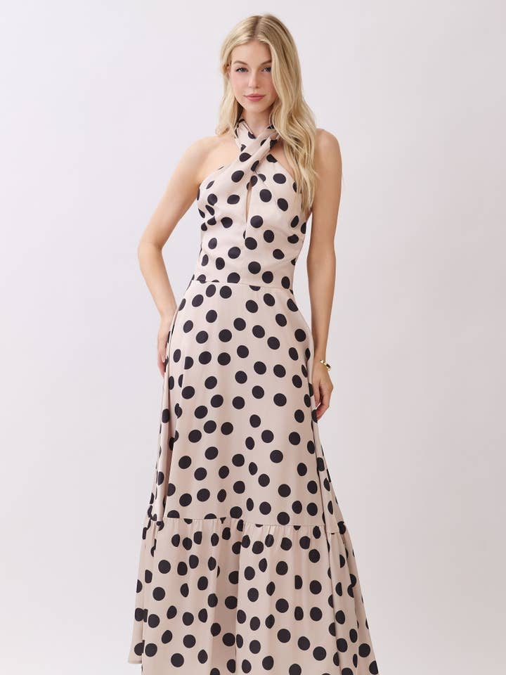 Polkaprikket snoet halterneck maxikjole HD3385-TAUPE / SORT for engroshandel hos B I G H I T Fashion