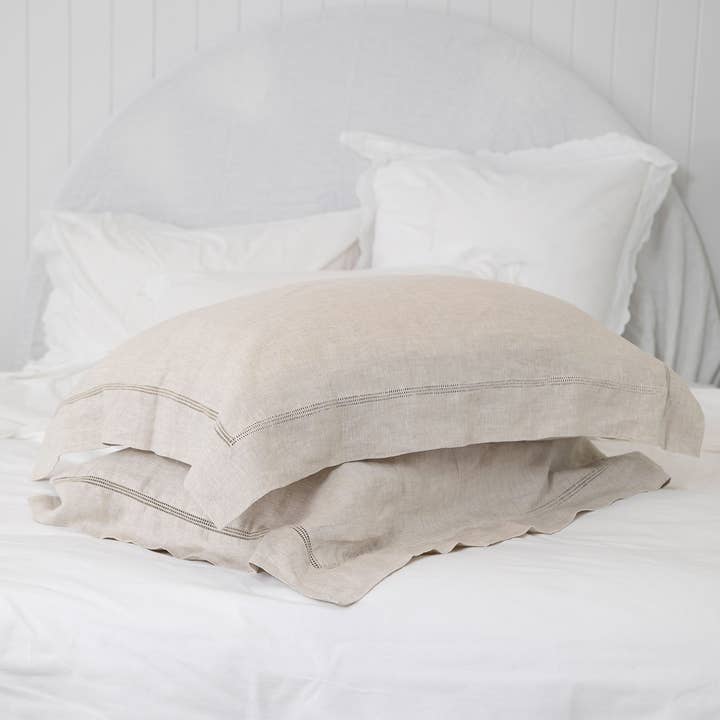 Bask Hemstitched Natural Linen Pillowcases for wholesale by Her Shed Home Linens