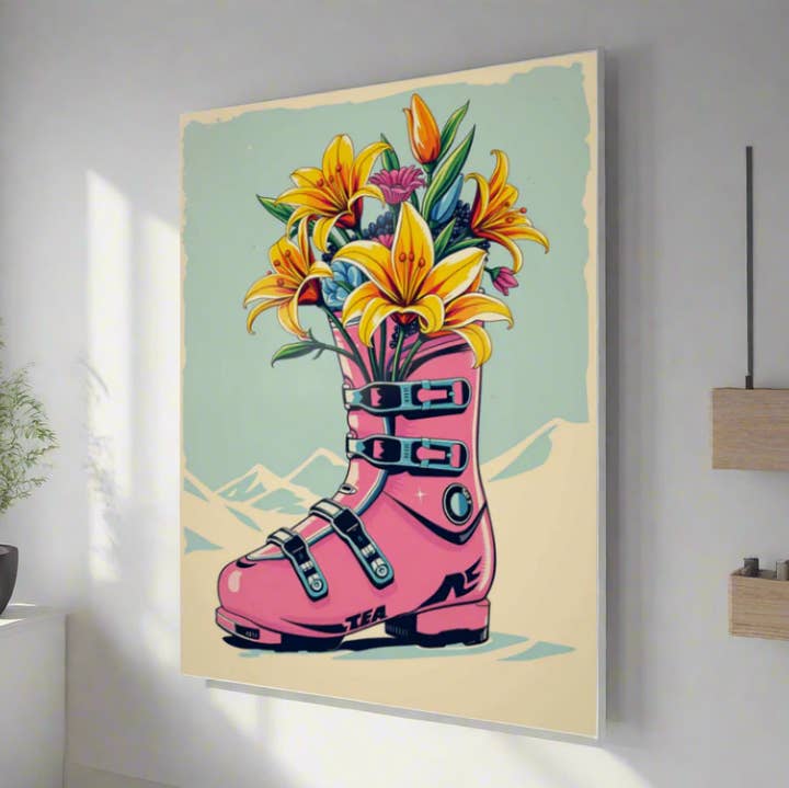 Poster Pink or Blue Ski boot in Floral bloom, made in Canada for wholesale by Sofs Designs