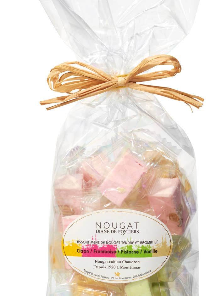 Aromatiseret nougat (hindbær citron pistacie) 200 g pose for engroshandel hos Nougat Diane De Poytiers