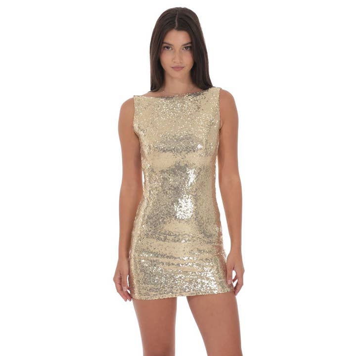 Lucy In The Sky - Wholesale Dress - Women's - Sequin High Neck Open Back Dress in Gold1
