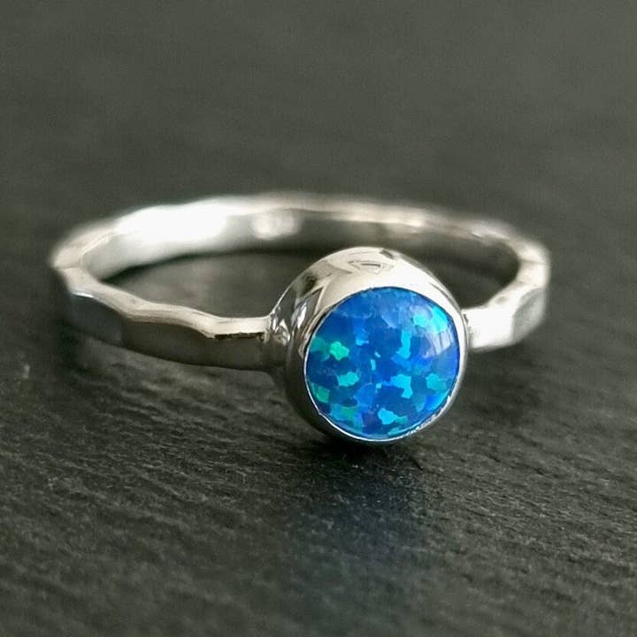 Unisex 6mm Round Blue Opal Ring | Hammered 925 Silver for wholesale by Mistry Gems