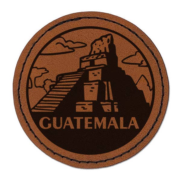 Guatemala Tikal Mayan Ruins Country Destination Round Iron-On Engraved Faux Leather Patch Applique - 2.5 Inch - Brown for wholesale by Sniggle Sloth