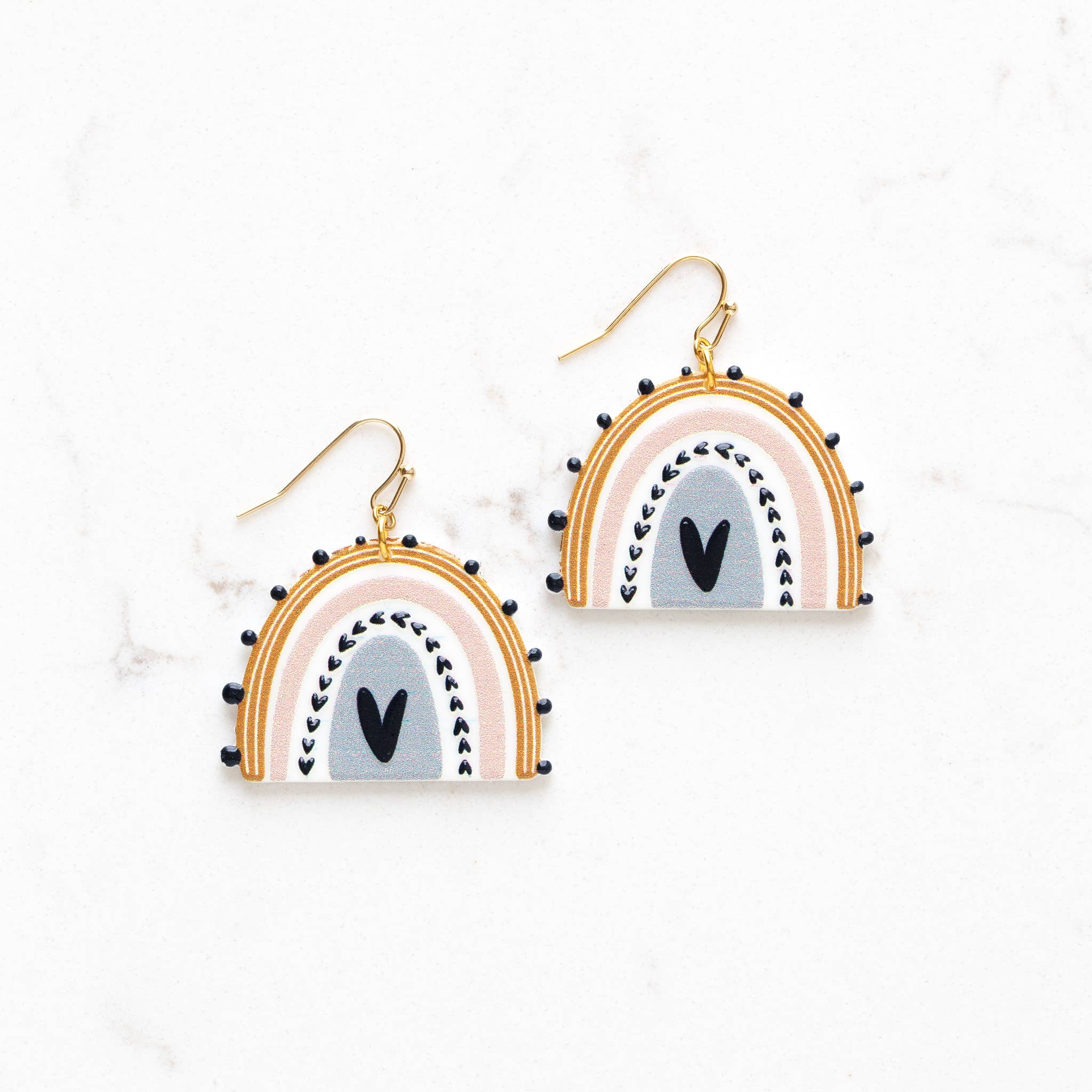 Stitch and Stone – wholesale Dangle earrings – Mustard and Grey Rainbow Heart Earrings0