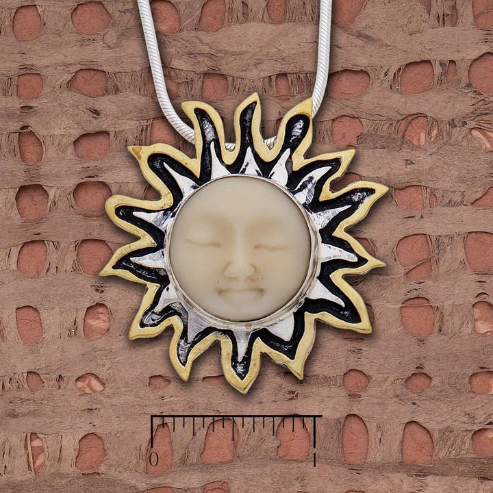 Tagua Nut Sun Face w/ Silver and Brass Combo Rays Pendant for wholesale by Tidepool