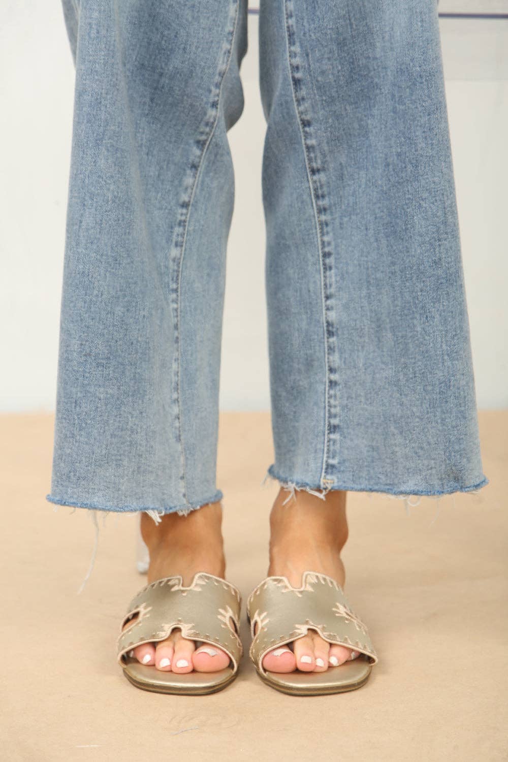 GOLD FAUX LEATHER STITCH DETAIL DESIGNER STRAP SANDALS for wholesale on Faire2