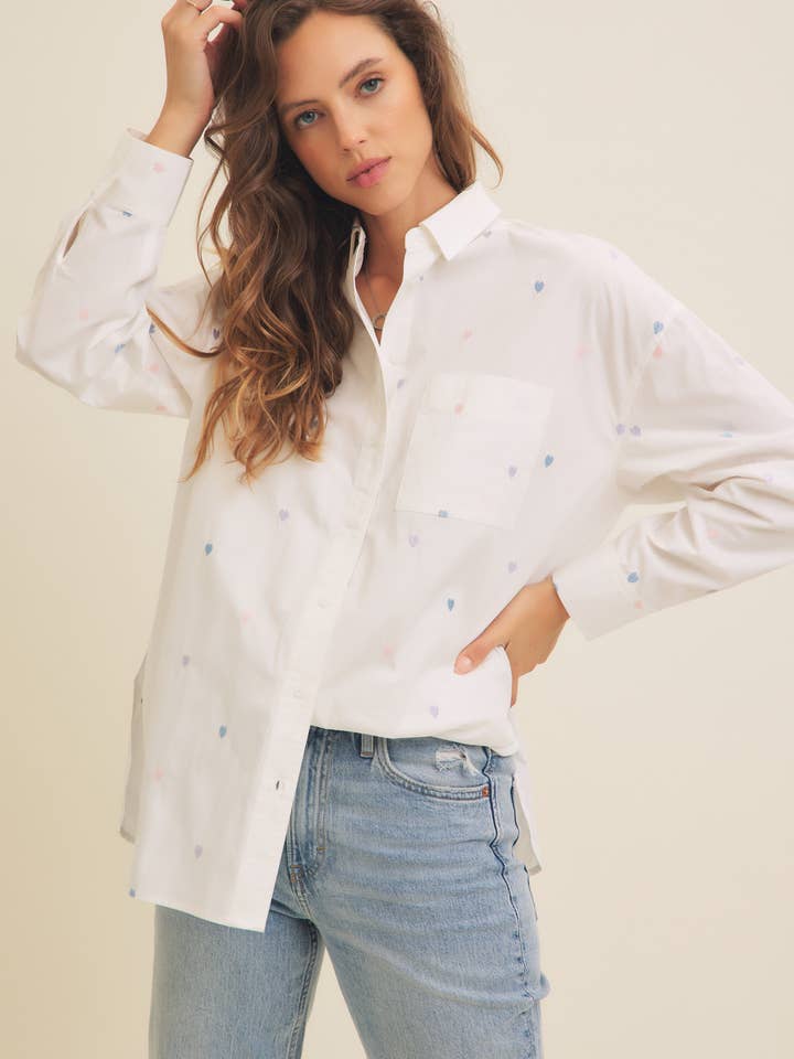 FULL OF HEARTS EMBROIDERY BUTTON DOWN LONG-SLEEVED SHIRT for wholesale by in february