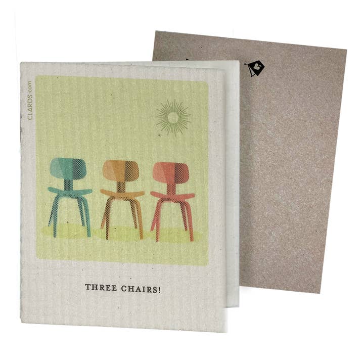 Mid-Mod Three Chairs! 2-in-1 Greeting Clard® & Eco Cloth for wholesale by Soak iT Up Eco-friendly Greetings + Gifts