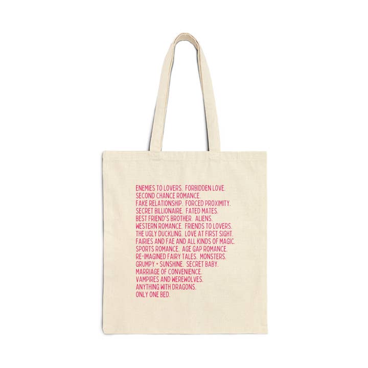 Bookish Romance Tropes Tote for Romance Bookstore for wholesale by Opal and June