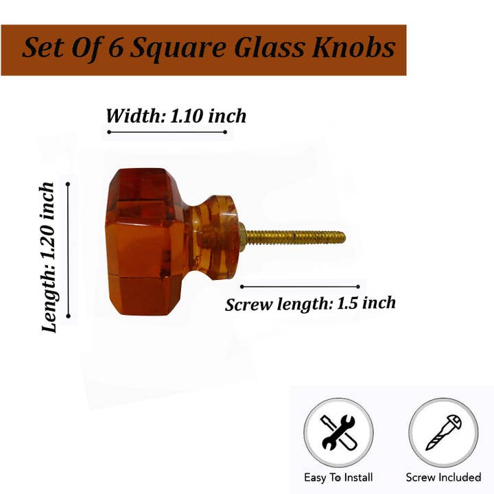 Perilla Home – wholesale Knopp/Handtag – Uppsättning av sex kvadrat bärnsten glas knoppar