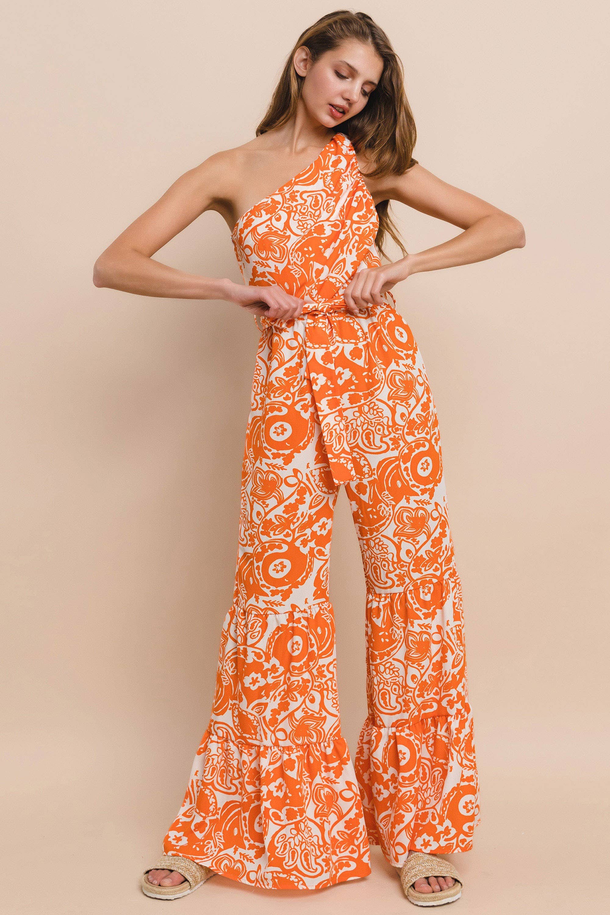 ONE SHOULDER PRINTED JUMPSUIT -  4339RB ORANGE for wholesale on Faire2