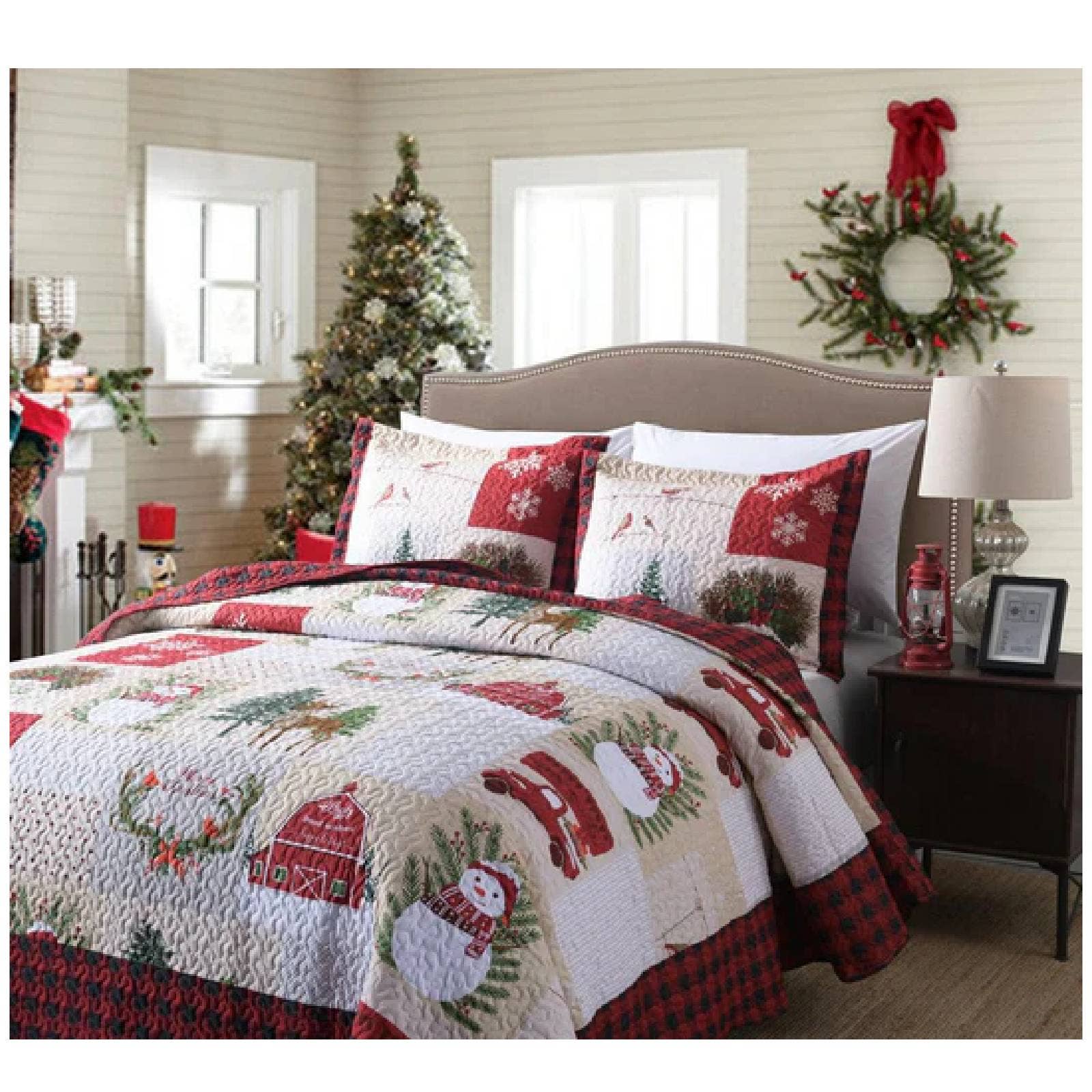 Sixale - Wholesale Bedding Set - Marcielo Christmas Quilt Set - Christmas Snowman Pattern Holiday Bedding Bed Set (1 Quilt 2 Pillow Shams) - BY0131