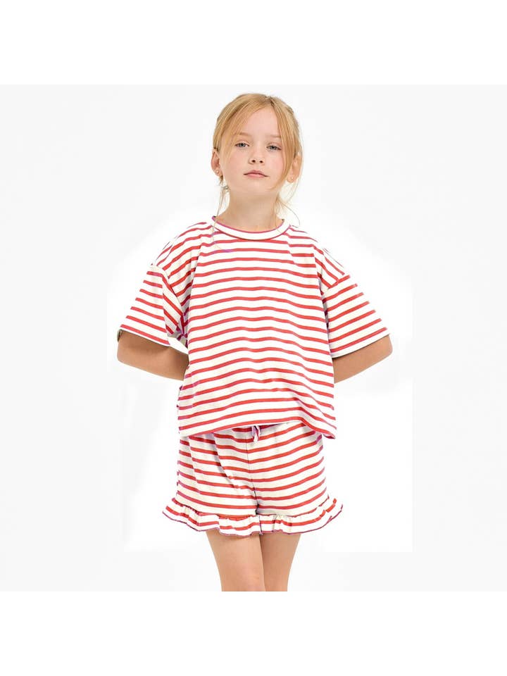 Good Girl - Wholesale Top & Short Set - Kids - Stripe Crop Top and Ruffle Shorts Set