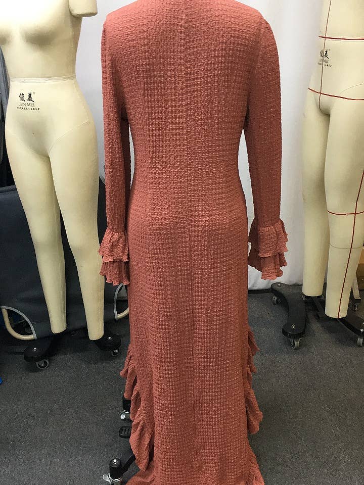 rust Western Country cowgirl Textured ruffle high-low swing dress for wholesale on Faire
