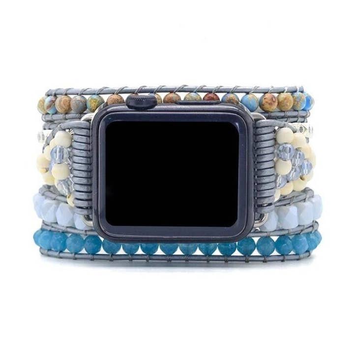 Bracelet de montre Apple en perles de jaspe roi bleu naturel pour la vente par Free Spirit Shop