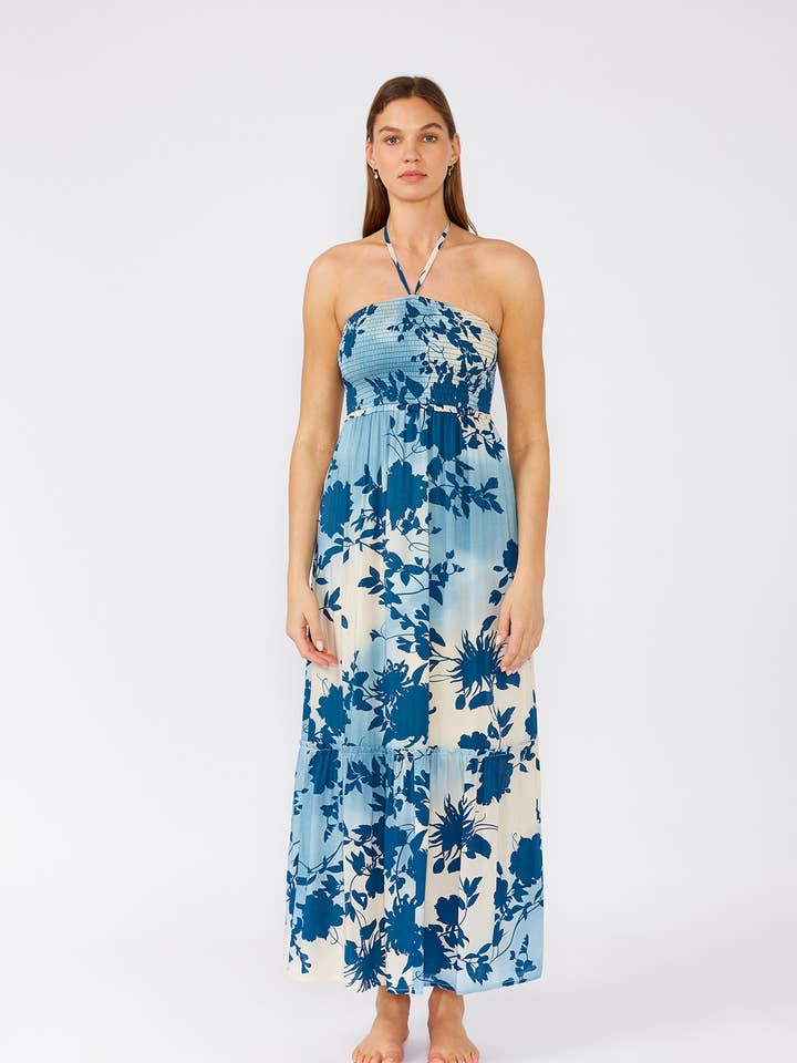 Blue Tropical Floral Smocked Halter Maxi Dress for wholesale by Lovestitch