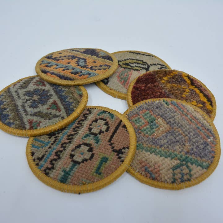 Kilim Pillow Decors - Wholesale Coasters - Set of 6 Woven Glass Rug Coasters - Housewarming Gift1