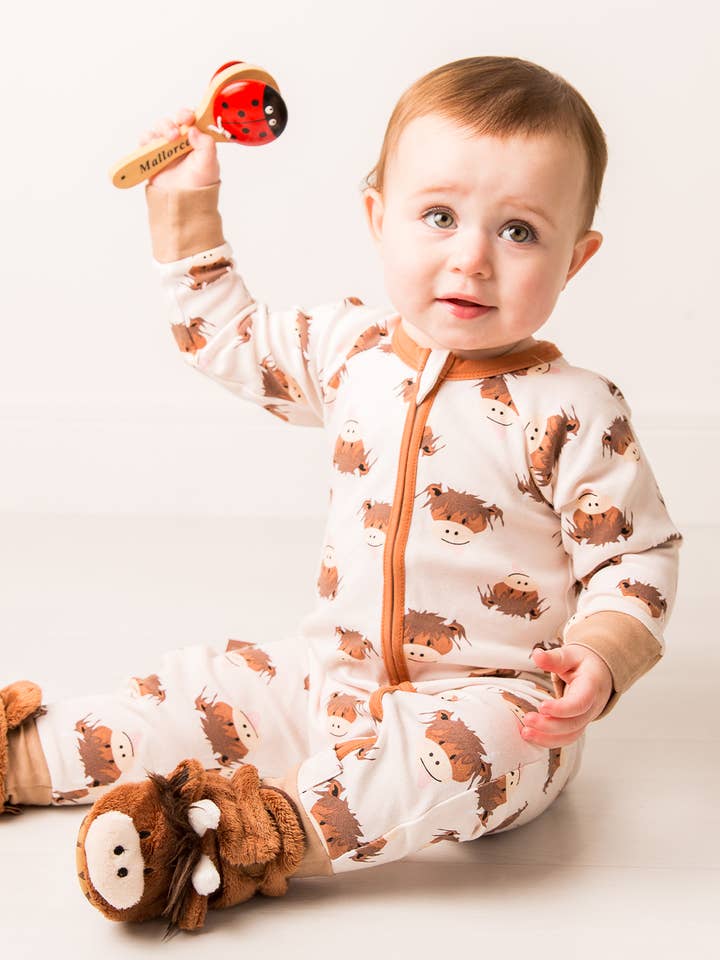 Neutral Hamish Highland Cow Zip-Up Romper for wholesale by Blade and Rose Limited