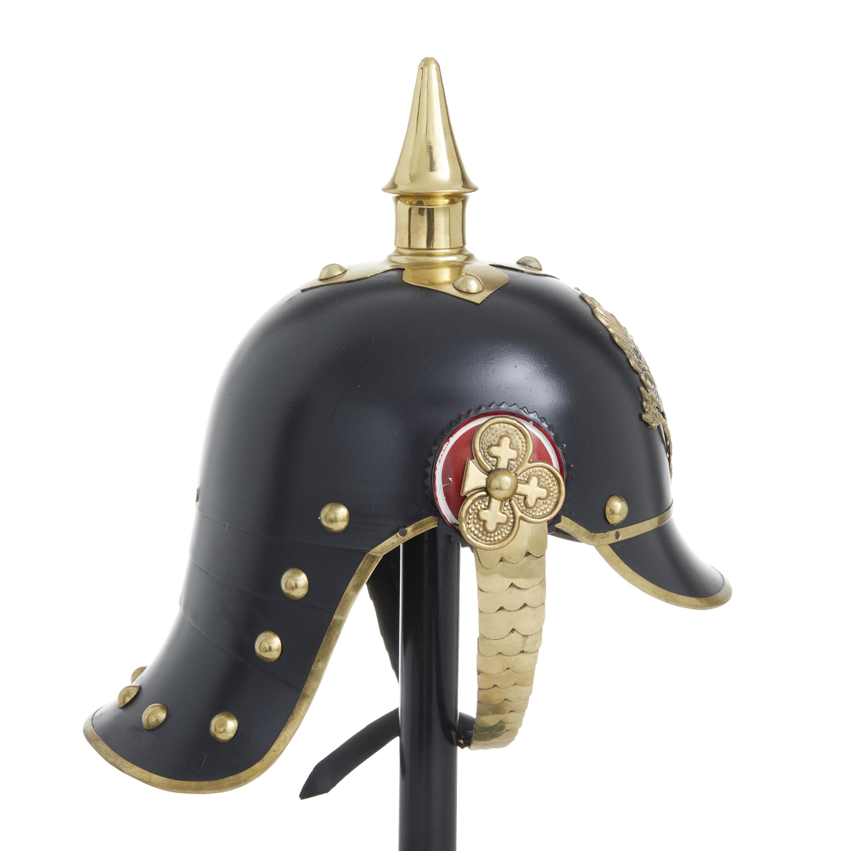 Import Corner – wholesale Decorative tabletop object – A-82622: METAL HELMET WITH WOOD STAND 9"W, 20"H4