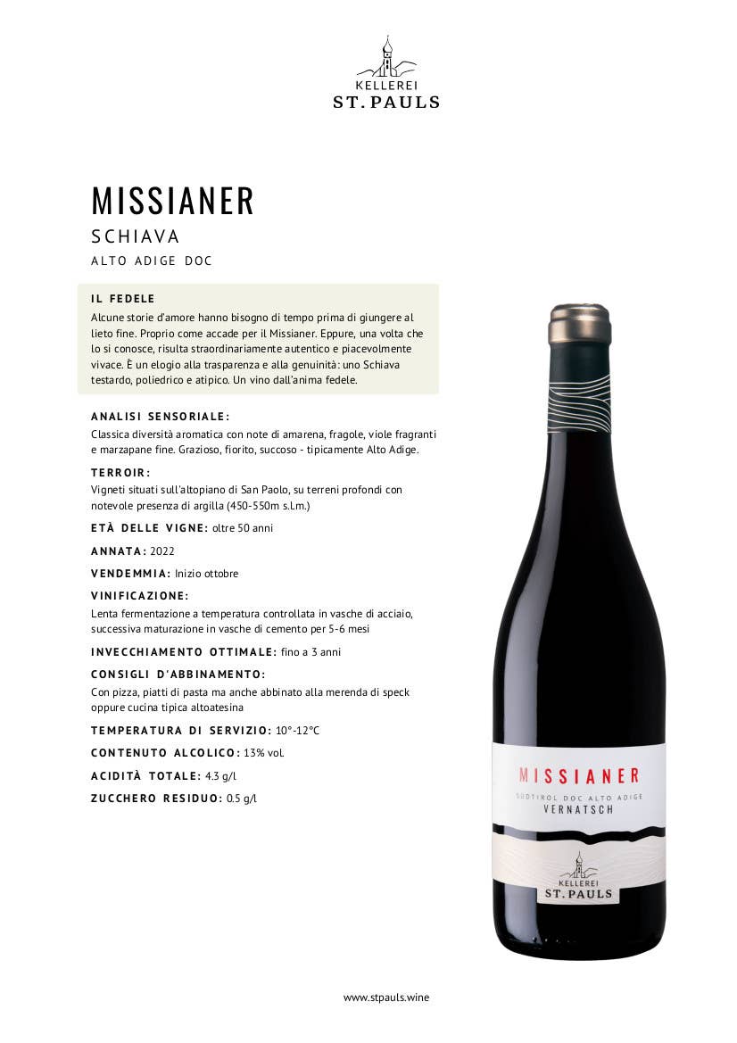 Metina SAS - Wholesale Red Wine - MISSIANER Vernatsch South Tyrol DOC San Paolo Winery 75 cl.4
