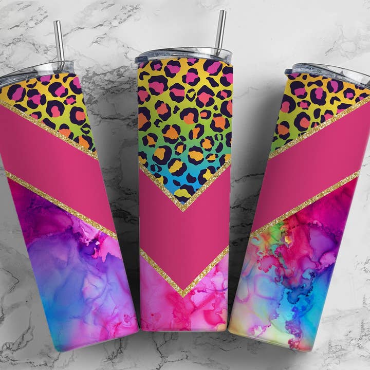 Leopard rainbow 20 oz double walled tumbler for wholesale by Twisted Tumbler, LLC