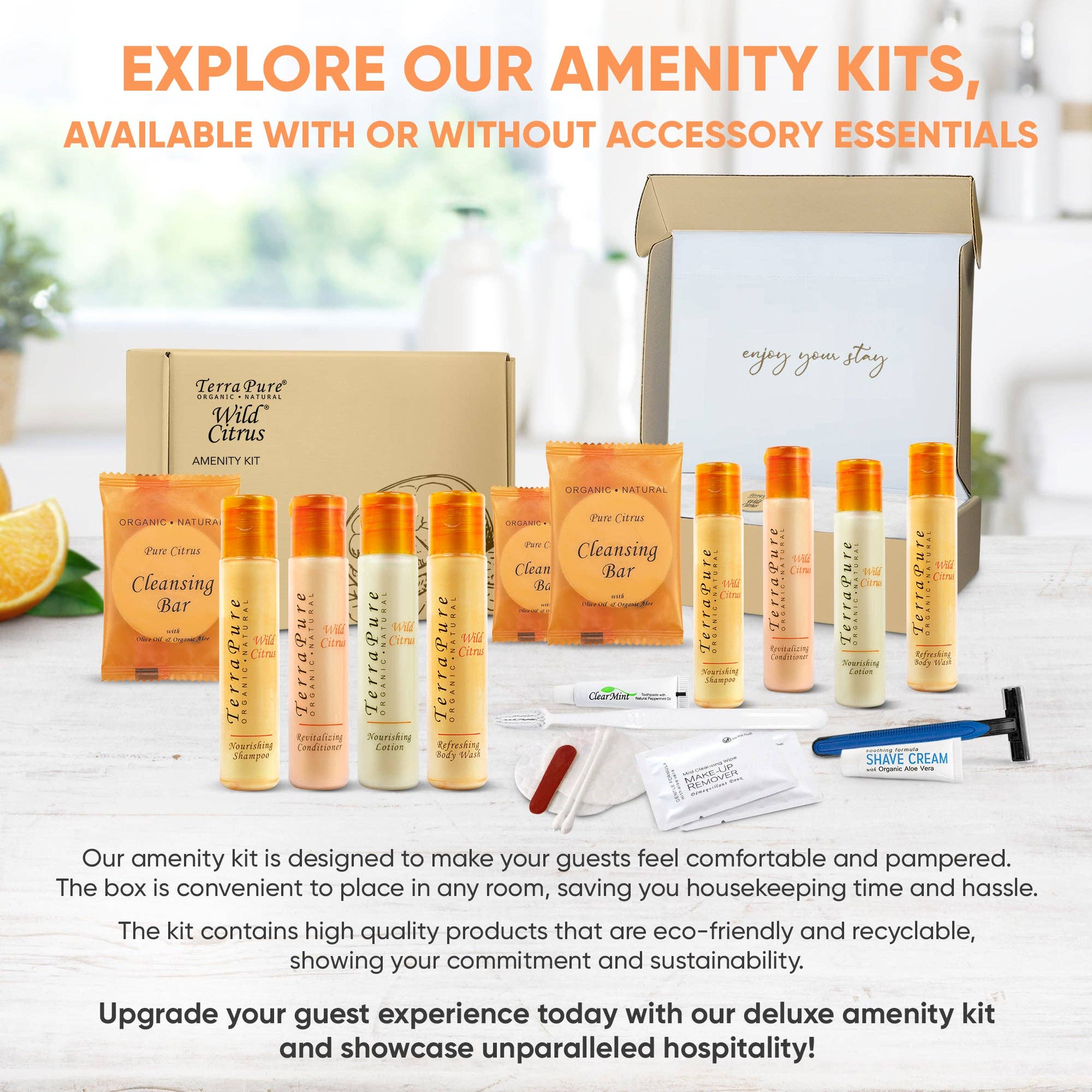 Diversified Hospitality Solutions - Wholesale Bath & body set - Terra Pure Amenity & Accessory Kit |1 oz Travel Size Shampoo, Conditioner, Lotion, Body Wash, 2 Cleansing Bars, Shave & Dental Sets, Make-Up Remover Wipes, & Vanity Kit | 15 sets per case5