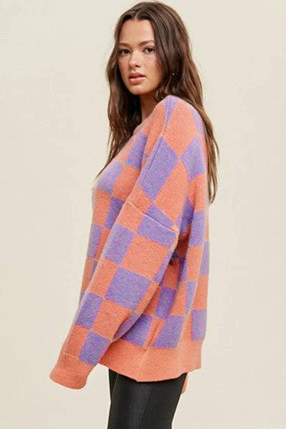 Lovesoft - Wholesale Knit Sweater - Women's - Parchment Checkered Pattern Ribbed Trim Knit Baggy Sweater7