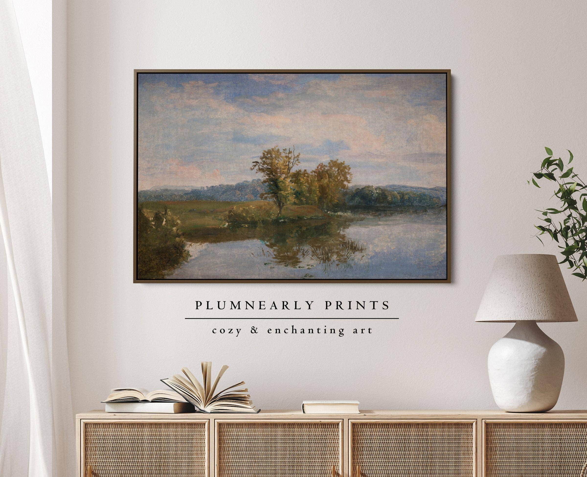Plumnearly Prints - Wholesale Canvas Art - Sage Green Blue Lake Landscape Painting Framed Canvas Art 52